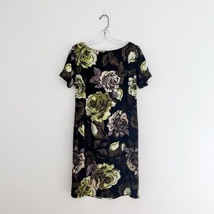 St. John Dark Floral Silk Boat Neck Sheath Dress With Short Sleeves
